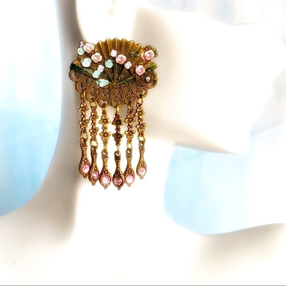 Banana Bob enamel flower fan chandelier earrings